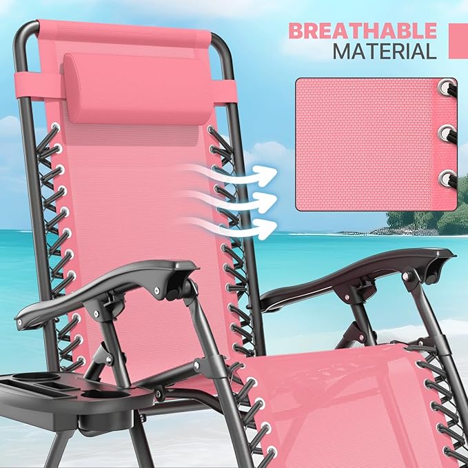 Magshion Zero Gravity Lounge Chairs Set of 2, Outdoor Patio Reclining Chair with Side Tray, Adjustable Anti-Gravity Recliners with Pillow Headrest, Folding Lounger for Lawn Camping Beach, Pink