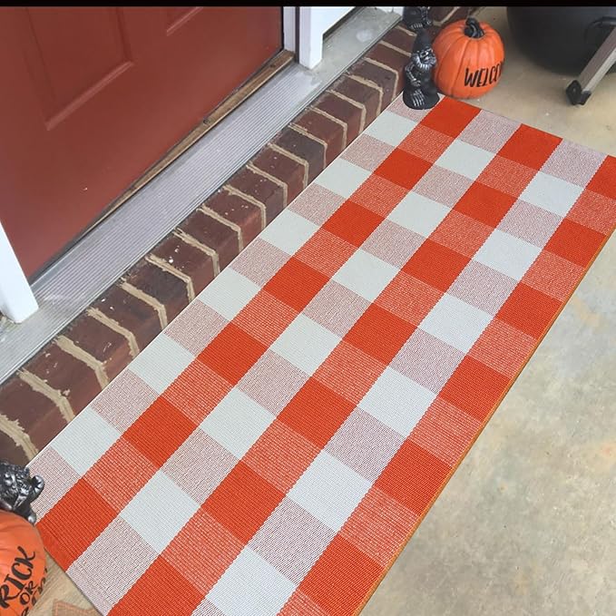 Fall Outdoor Rug Orange Buffalo Plaid Outdoor Rug Cotton Hand-Woven Buffalo Check Rug Layered Doormats for Front Door/Front Porch/Farmhouse/Entryway/Patio