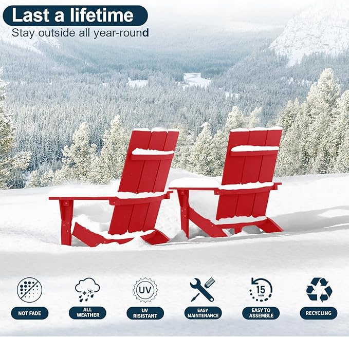MXIMU Adirondack Chair Set of 2: Modern Adirondack Chairs Fire Pit Chairs Plastic Outdoor Chairs for Lawn Backyard Deck Garden Camping (Red)