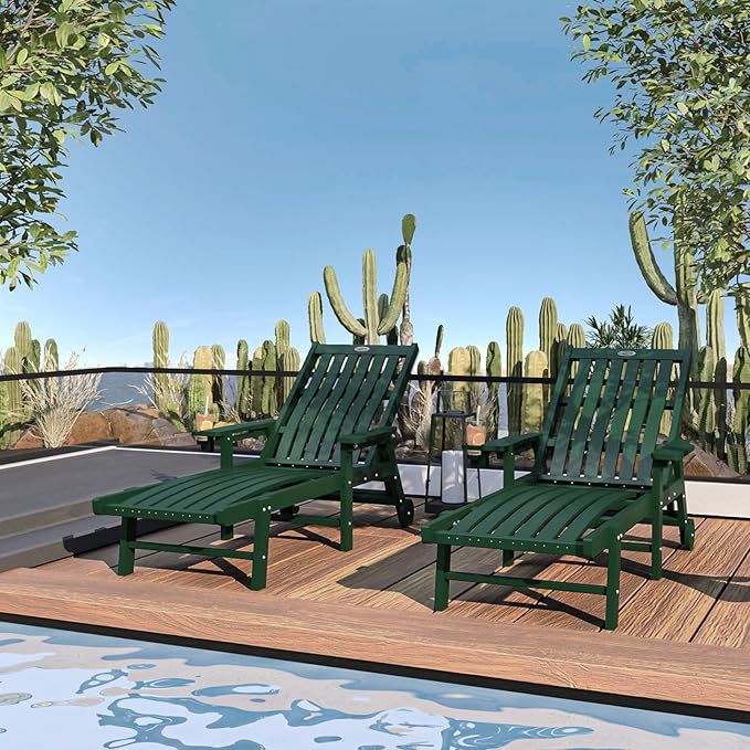 Patio Chaise Lounge Chair Set of 2, Oversized Lounge Chair Outdoor with 5 Positions, HDPE, Patio Lounge Chair with Wheels & Cup Holder for Pool, Deck, Poolside,Green