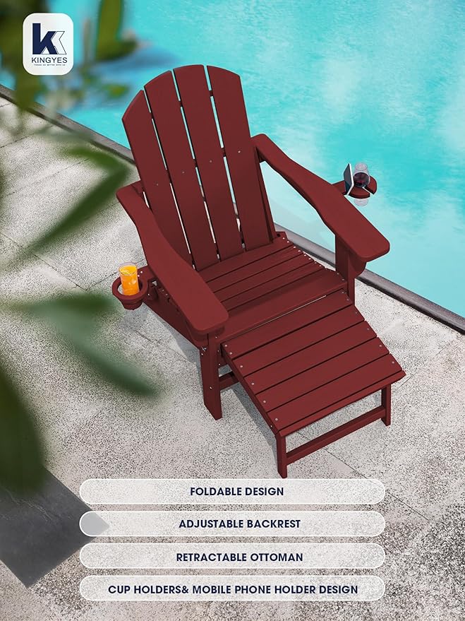KINGYES Folding Adjustable Adirondack Chair with Ottoman & 2 Cup Holders Set of 4, HDPE Adirondack Recliner Chair with Footrest, Red