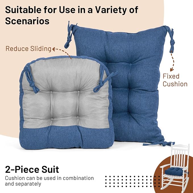 Lokex Rocking Chair Cushion 4 Inch Extra Thick, Cushions for Rocking Chairs Set of Seat and Back with Ties, Linen Fabric Indoor Outdoor Rocker, 17x21 & 17x17 Inches (Dark Blue)