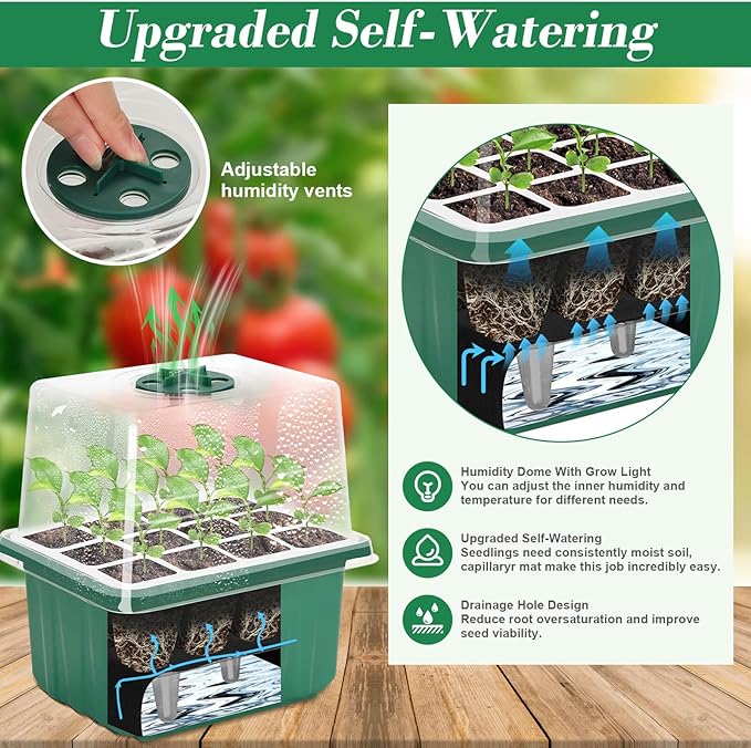 Mckanti 6 Set Self-Watering Seed Starter Tray Kits with Grow Light, Reusable Seed Germination Kit with Adjustable Humidity Domes and Silicone Cell Base Tray for Indoor Plant Seeds GerminationKit