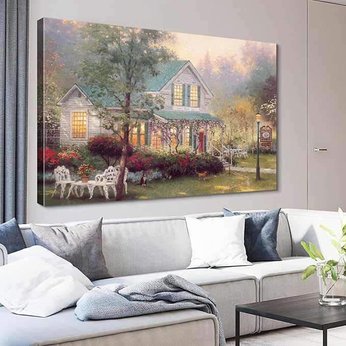 STUDIO HAVEN Thomas Kinkade Canvas Wall Art, Cyan-Roofed Cottage Vine-Covered Porch Flower Garden Relaxing Pets Oil Painting Poster Cozy Retreat Wall Decor, Framed Prints for Home Decor, 40x28Inch
