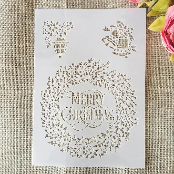 TIAMECH A4 Reusable Merry Christmas Stencil for Painting - Garland Jingle Bell Layering Template, DIY Wall Art, Wood Furniture, Scrapbook & Crafts (8.3x11.7inch)