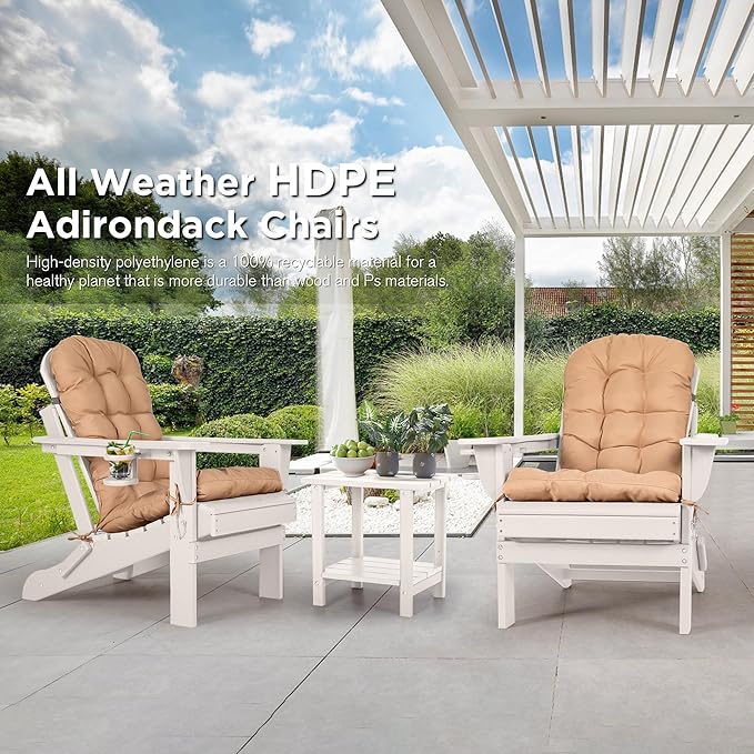 nalone Folding Adirondack Chairs Set of 2 with Cushion with Cup Holder, HDPE Plastic Oversized Patio Chair Weather Resistant, Used in Outdoor, Fire Pit, Deck, Garden, Campfire Chairs (White)