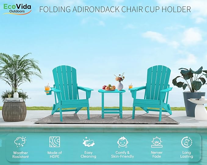 3-Piece Folding Adirondack Chair Set - 38" Extra Tall Back & Embossed Wood Grain, Oversized HDPE Patio Furniture with Side Table & Cup Holders, 380lb Heavy Duty, Aruba Blue