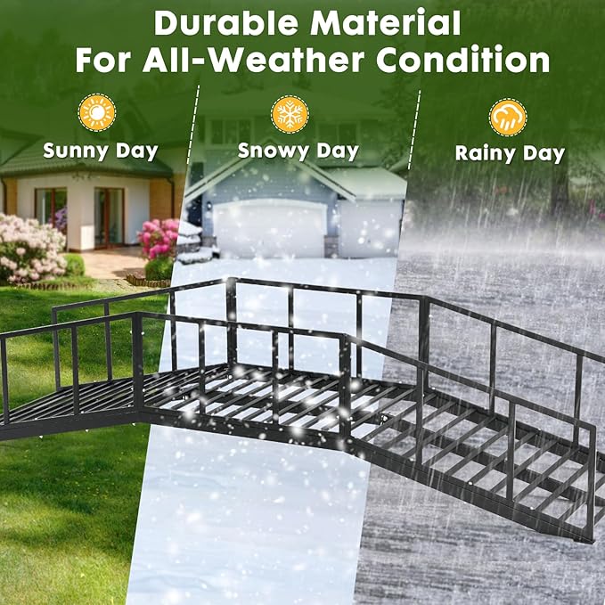 Metal Garden Bridge 8 FT with 4 Ground Stakes, 770 lbs Capacity Black Powder Coated Footbridge for Backyard, Lawn, Creek, Stream & Garden Decor