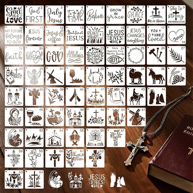 Christian Stencils for Painting, 64PCS 3x3 Inch Plastic Bible Stencils for Crafts Reusable, with Cross, Jesus, Angel & Bible Verse Designs, for DIY Wood Signs, Journaling, Card Making & Projects