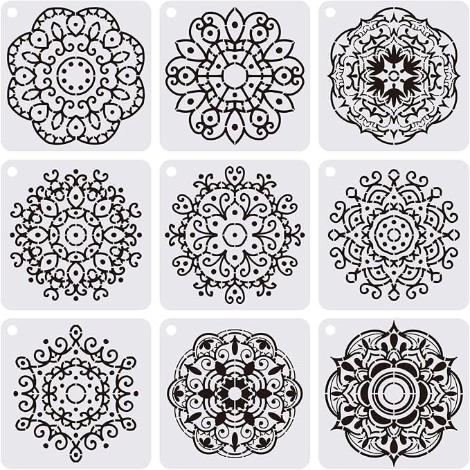YKW 9 Pack Geometric Flower Mandala Stencils for Painting on Wood, Canvas, Wall & Furniture - 6x6 Inch Laser Cut Reusable Templates for DIY Home Decor, Floors & Tiles