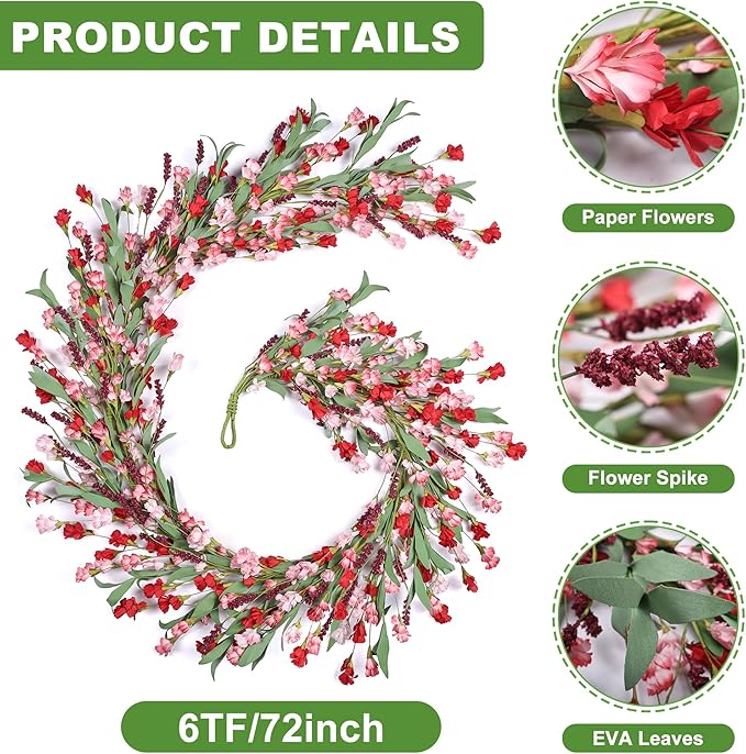 Artgar Flower Garland 6Ft Spring/Summer Garland Floral Garlands for Mantle All Year Round Paper Garlands Decor for Indoor Outdoor Home Wedding Arch Porch Stair Backdrop Year Round Decor (Red Pink)