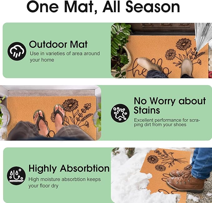 Hello Spring Door Mat for Front Door Welcome Matt Outdoor with Wildflower Bouquet Doormat Indoor Entrance with Flowers, Perfect Home Floral Decor (Brown)