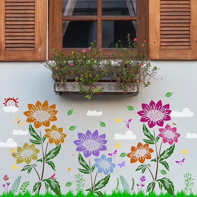8 Pcs Large Flower Stencils for Painting With Fence,14 X 11 Inch Wall Stencils for Painting Large Pattern, Stencils for Crafts Reusable, Suitable for Outdoor Garden Walls, Furniture, Wall, Canvas, Etc