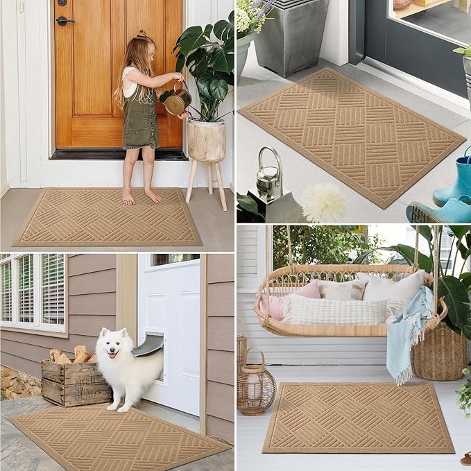 PLEASOR Front Door Mat Outside Entrance, Dirt Resistant and Absorbent Welcome Door Mat Outdoor Indoor, Sturdy Non-Slip Backing Entry Mat, Fade Resistant, Low Profile Doormat for Entryway, 36x24,Beige