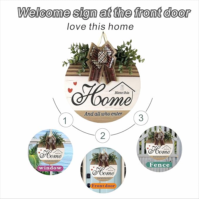 Welcome Sign Front Door Decoration 12 Inch Round Wood Wreath Wall Hanging Outdoor, Farmhouse, Porch, Suitable for Spring Summer Fall Seasons Holidays Christmas (Pink)