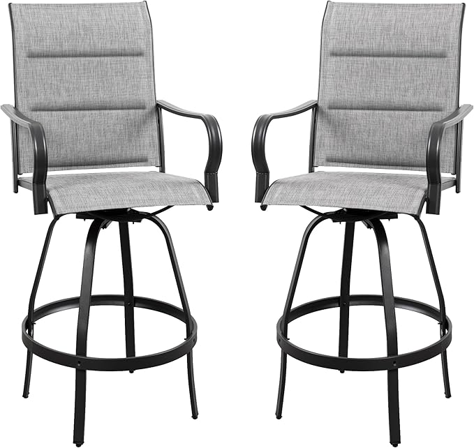 Vongrasig 2 Piece Outdoor Patio Swivel Bar Chairs, All Weather Padded Sling Textile High Top Bar Stools, Bistro Set for Backyard, Lawn Garden, Balcony, Padded Light Grey