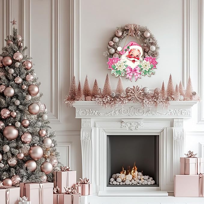 Whaline Christmas Wooden Hanging Sign Pink Xmas Santa Flower Welcome Wood Sign Vintage Santa Door Decor Signs for Indoor Outdoor Porch Wall