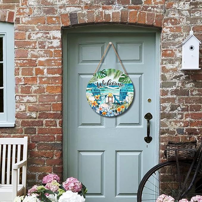 Welcome Sea Chair Front Door Sign 12 X 12 Inches Summer Door Hanger Wall Pediment Round Wooden Beach Wreaths for Front Door, Farmhouse Summer Welcome Wall Hanging