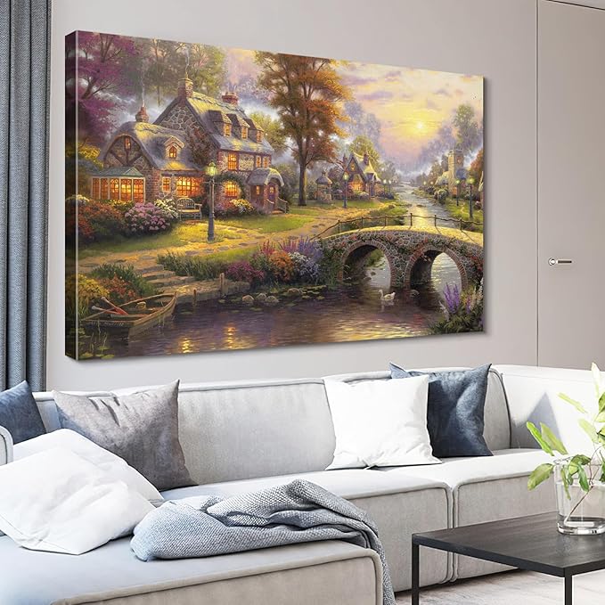 STUDIO HAVEN Thomas Kinkade Canvas Wall Art, River Village Stone Bridge Flower Filled Swan and Glowing Cottages Oil Painting Poster Rustic Wall Decor, Framed Prints for Home Decor, 24x16Inch