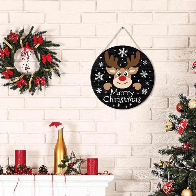 CHDITB Merry Christmas Sign,Reindeer Welcome Wood Sign, Farmhouse Round Xmas Wooden Sign,Funny Winter Wooden Door Hanger Decorative,Funny Holidays Deer Face Wooden Front Door Hanger