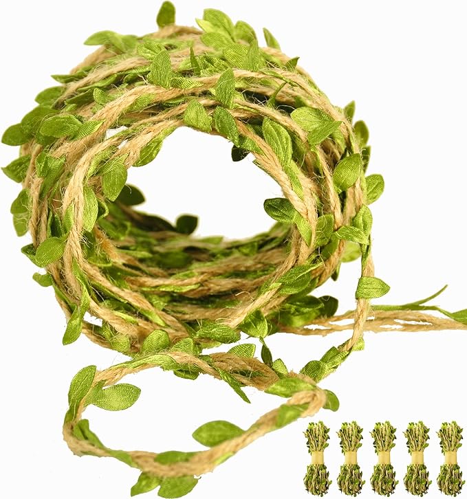 Naidiler 196 Ft Burlap Leaf Ribbon Twine for Crafts for Safari, Jungle, Fairy Party, Woodland Baby Shower, Enchanted Forest Decorations Vines Decor
