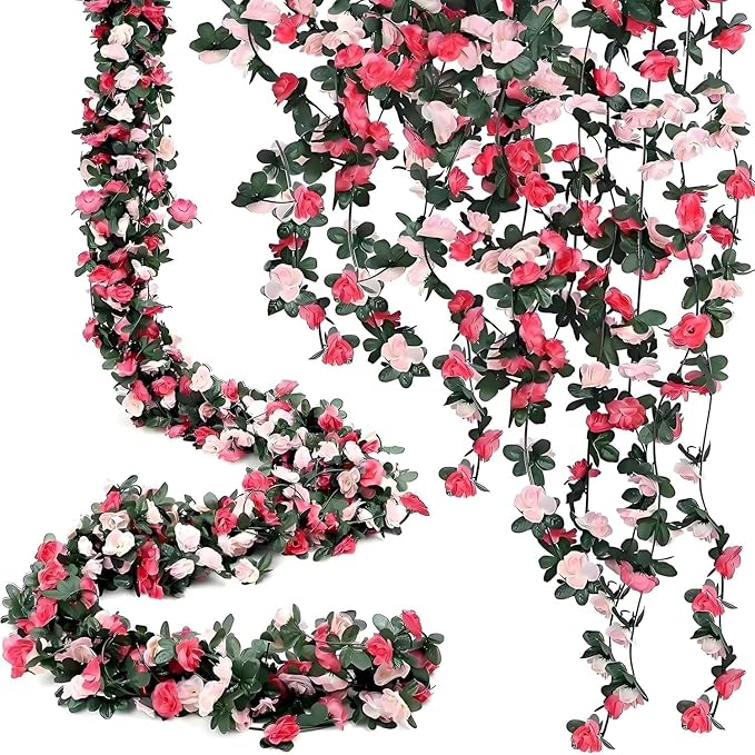 3 Pcs 8FT Flower Garland Artificial Flowers for Outdoors Fake Rose Vine Ivy Silk Flowers for Decoration/Anniversary/Wedding Birthday/Christmas/Home Decor/Garden Decor (Pink)