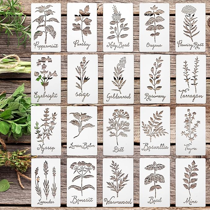 Jecery 20 Pcs Herb Stencils for Craft Painting on Wood Reusable DIY Craft Paint Template Herb Botanical Leaf Garden Kitchen Plant Stencils for Art Scrapbook Wall(7.87 x 4.72 Inches)