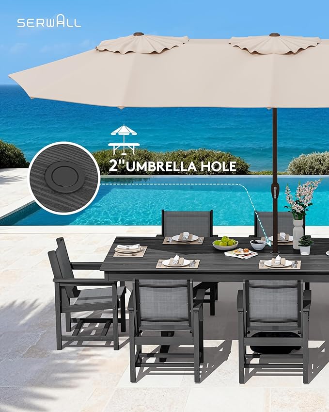 SERWALL 9 Piece Outdoor Dining Set, 84" HDPE Outdoor Table and Chairs for 8，All Weather Patio Furniture Set with Umbrella Hole for Backyard, Garden, Black