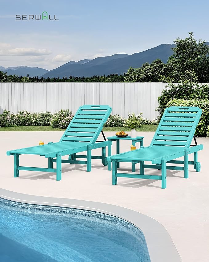 SERWALL Outdoor Chaise Lounge Set of 2, All-Weather HDPE Pool Lounge Chairs with 5-Position Adjustable Backrest, Rolling Wheels & Cup Holder for Poolside, Aruba