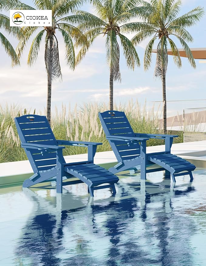Ciokea Folding Adirondack Chair Set of 2 with Retractable Ottoman Fire Pit Patio Chair with Pull Out Foot Rest Weather Resistant Lawn Outdoor Chair with 2 Cup Holder (Navy Blue)