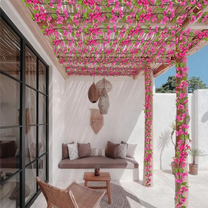 Artificial Bougainvillea Flowers Garland Silk Bougainvillea Vines UV Resistant Realistic Faux Hanging Flowers Plants for Outdoor Outside Summer Decor Porch Patio Balcony Yard Wall Rose Red