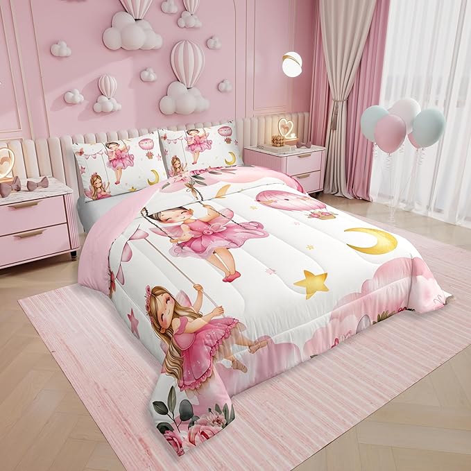 Erosebridal Pink Fairy Floral King Bedding Set - Cute Fairies Comforter Set for Girls Kids, Moon and Stars Quilt | Flower & Butterfly Kawaii Bedroom Decor with 2 Pillowcases