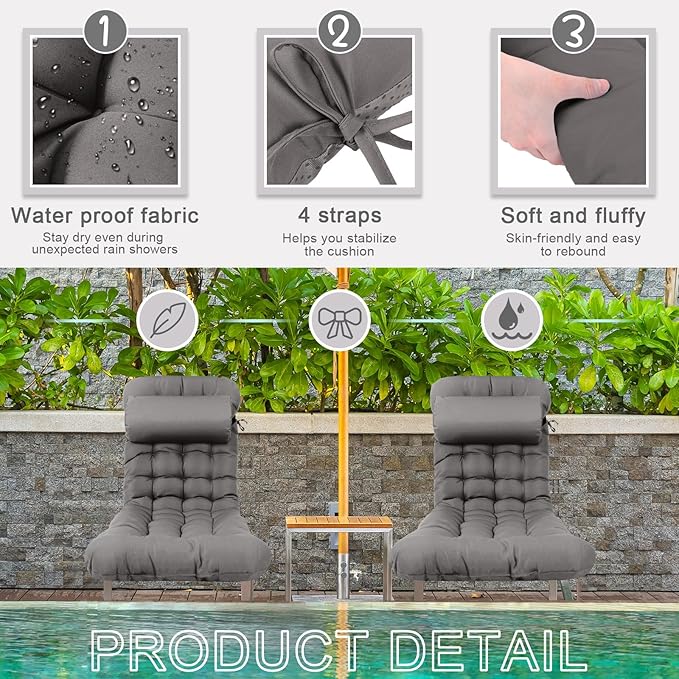 Tudomro 2 Pcs Dark Gray 66'' Outdoor Chaise Lounge Cushion Waterproof Patio Lawn Pool Chaise Lounge Cushion with Headrest Pillow & Ties Weather Fade Resistant Replacement Longue Chair Pad
