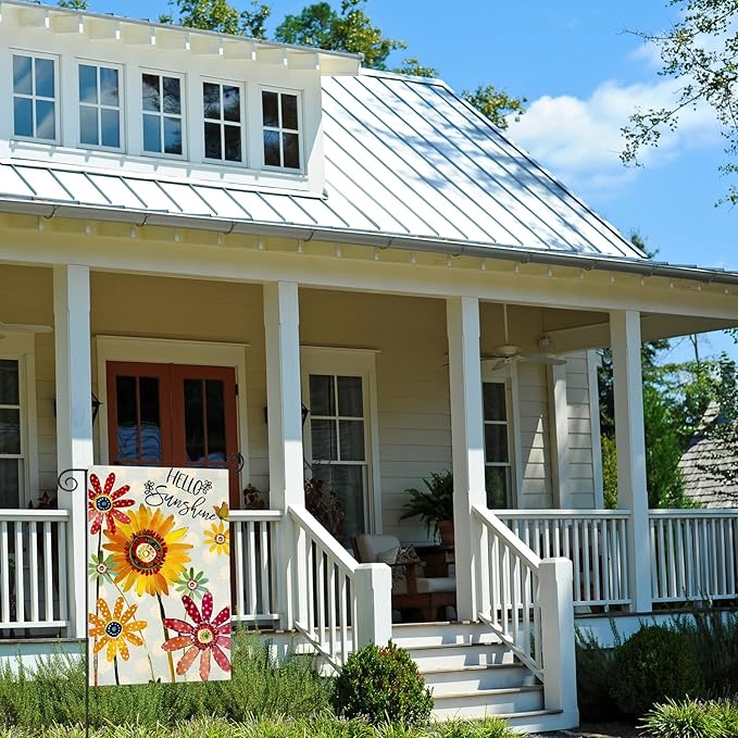 Spring Flowers Garden Flag 12x18 Inch Double Sided,Hello Sunshine Sunflower Daisy Small Yard Flags for Outdoor,Summer Seasonal Decoration for Farmhouse Holiday Outside
