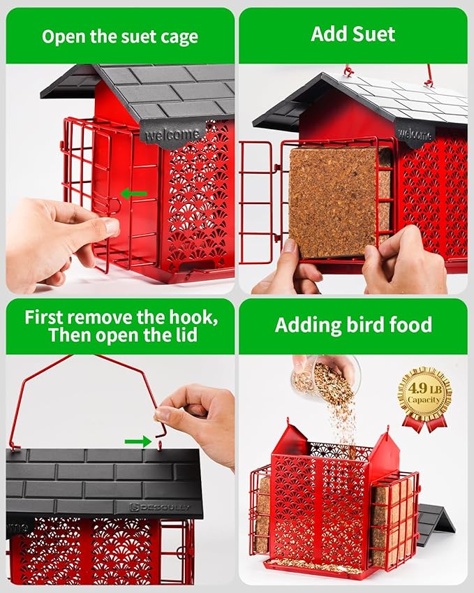 Suet Bird Feeders for Outdoors Hanging, Metal Suet Bird Feeder with Double Suet Cage Cake, 4.9 lbs Large Capacity, Easy to Clean & Refill, Ideal for Wild Birdfeed & Garden Decoration