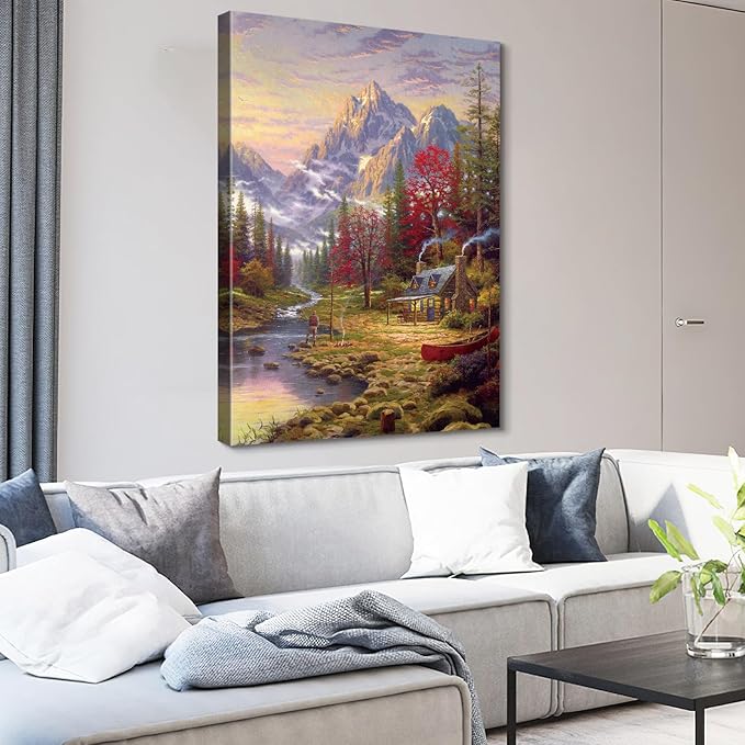 STUDIO HAVEN Thomas Kinkade Canvas Wall Art, Cozy Riverside Home Fishing Figure Red Canoe Sunset Oil Painting Poster Rustic Wilderness Wall Decor, Framed Prints for Home Decor, 20x28Inch