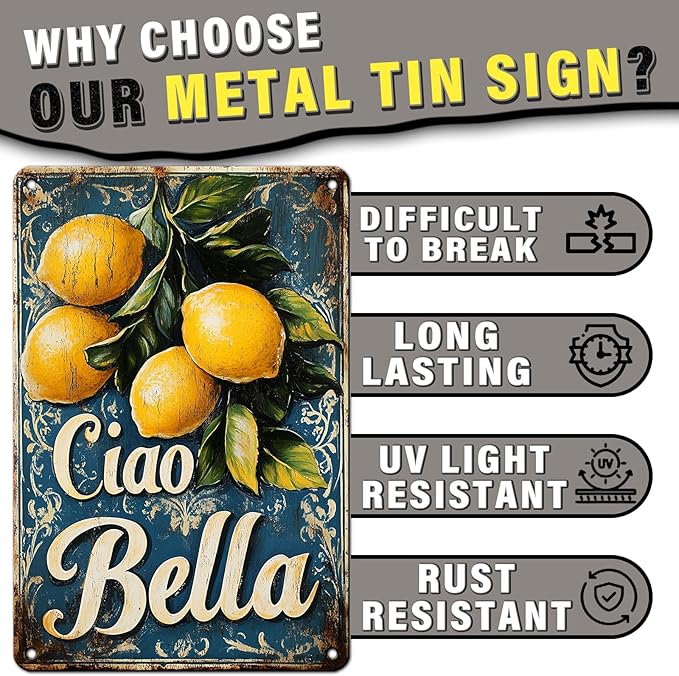 Ciao Bella Lemon Tree Vintage Metal Decor Plaque Sign Wall Art for Bedroom Office Home Coffee Wall Decor 12x16inch