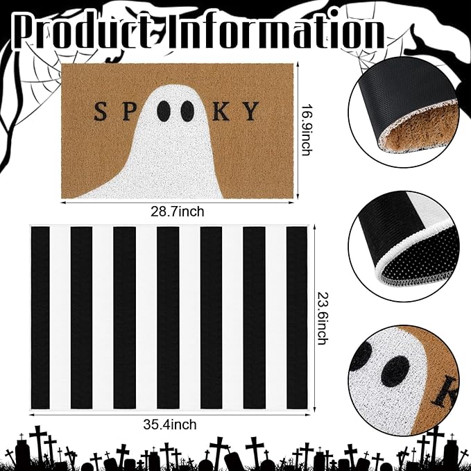 Tinideya 2 Pcs Halloween Doormat Spooky Ghost Outdoor Welcome Mats for Front Door Non Slip Ghost Coir Floor Mat Black White Stripe Halloween Rug for Outside Front Porch Entryway Decor
