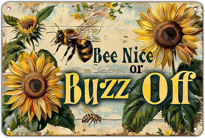 Garden Bee Sign Bee Nice or Buzz Off Decor Poster Vintage Metal Tin Sign Country Farmhouse Decor for The Home Garden Kitchen Office 16x12 Inch