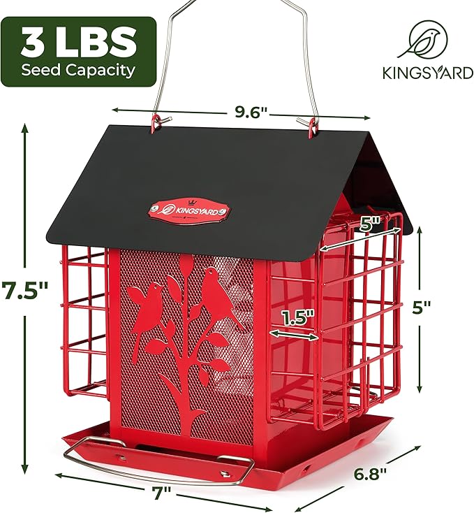 Kingsyard Metal Bird Feeder for Outdoor Hanging, Wild Bird Feeder with Double Suet Cage, Weatherproof Roof and 3 lbs Large Seed Capacity, Red
