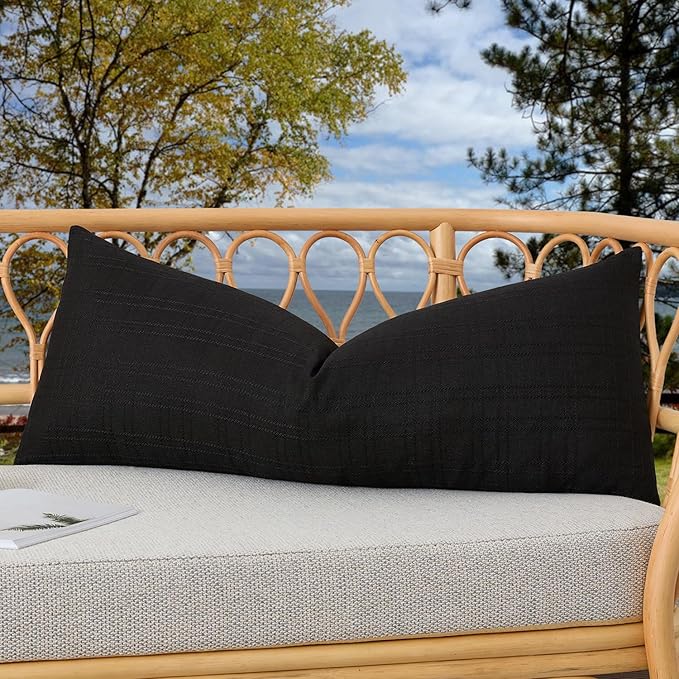 Kevin Textile Outdoor Waterproof Long Lumbar Pillow Cover 14x36 Inch Pack of 1 Checkered Decorative Rectangle Cushion Throw Pillowcases Shell for Patio Tent Garden Couch Bed Sofa Black