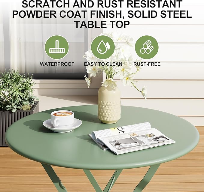 Bistro Table and Chairs Set of 2, 3 Piece Outdoor/Indoor Folding Patio Bistro Sets, 2 Chair Patio Furniture Set with Table, Premium Frame Foldable Coffee Tables for Balcony, Yard, Garden, Green