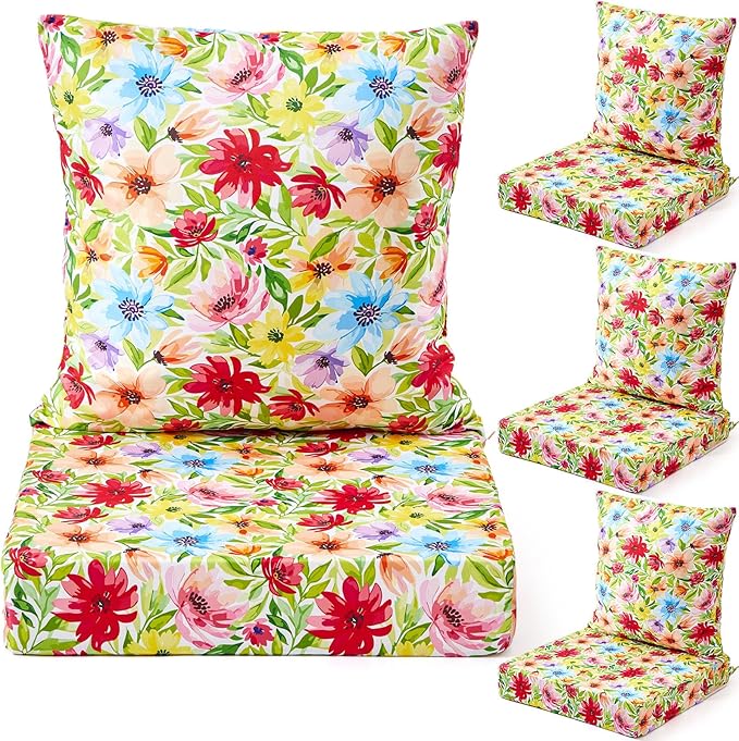 Hoteam 4 Set Outdoor Chair Patio Cushions Deep Seat Waterproof Chair Cushions 20 x 20 Inch for Patio Furniture Set Replacement Removable Seat and Back(Bright Flower)