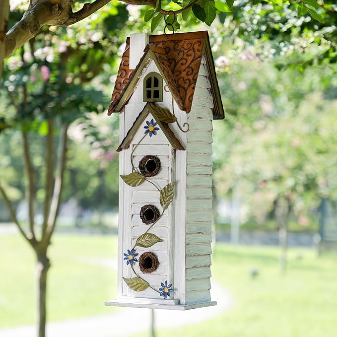 Glitzhome Bird Houses for Outside,Hand Painted Hanging Bird House for Outdoors, 24.25" H Oversized 3-Tiered Villa Decorative Wooden Bird Houses Large Birdhouse for Garden, Washed White