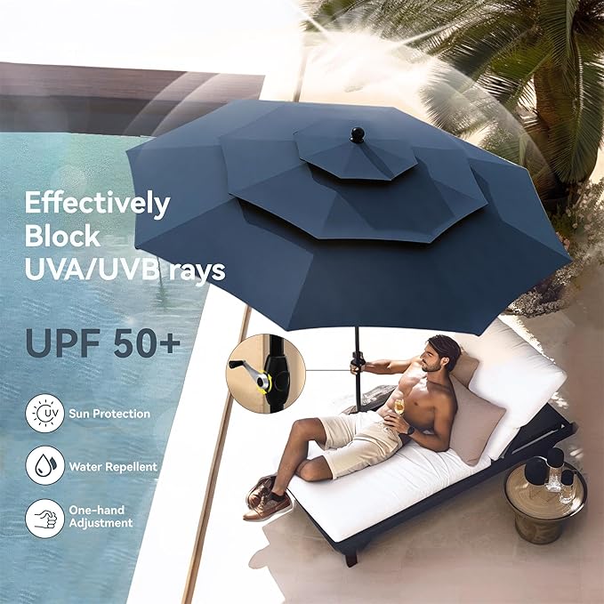 PHI VILLA 5 Piece Outdoor Dining Set with 10ft Umbrella (Navy Blue), Patio Table and Chairs for 4 with Lightweight Folding Dining Chairs & Metal Square Dining Table for Yard, Garden and Deck