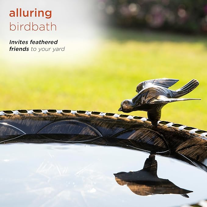 Alpine Corporation 27" Tall Outdoor Antique Pedestal Birdbath with Bird Statue Decor, Durable Polypropylene Construction, Bronze