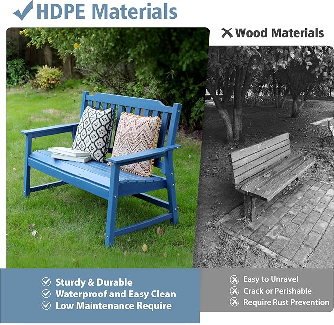 HDPE Outdoor Bench, All-Weather Garden Bench with 700 lbs Weight Capacity, 2-Person Patio Benches for Garden, Porch, Backyard, Park, Navy Blue