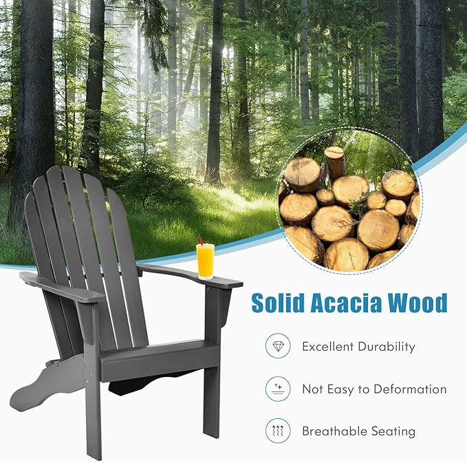 Tangkula Adirondack Chair, Acacia Wood Adirondack Lounger Chair, Outdoor Armchairs with Slatted Seating, Weather Resistant