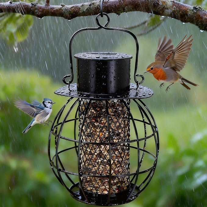Solar Bird Feeder for Outdoors- Heavy Duty Metal Bird Feeder Squirrel Proof with Lights,Chew-Proof,Outdoor Solar Lantern Feeder for Small Birds, Unique Gifts for Mom, Grandma (Black)