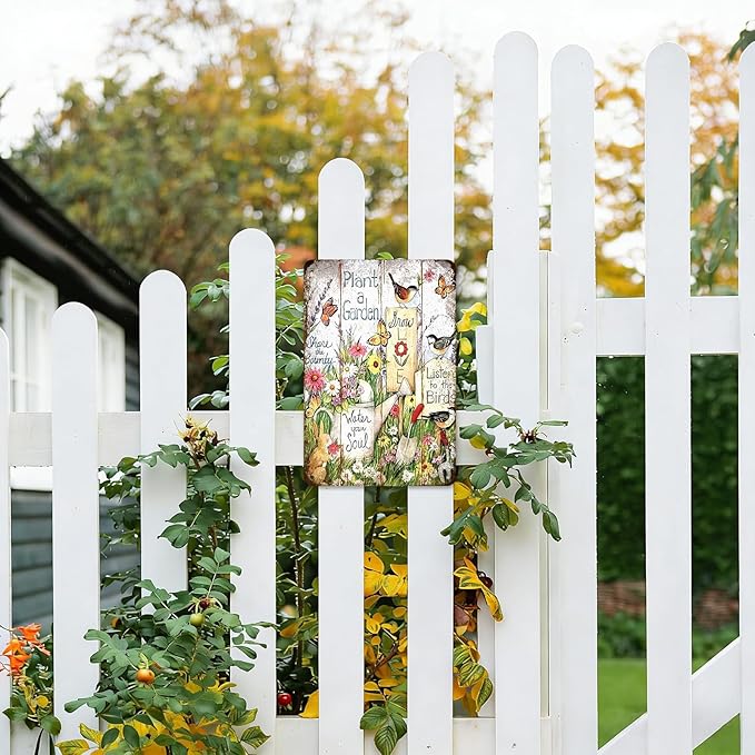 Plant a Garden Rustic Metal Tin Sign 8x12 Inch, Vintage Farm Garden Wall Decor with Birds, Flowers & Butterflies, “Water Your Soul, Listen to the Birds” Outdoor Yard Fence Plaque for Patio, Garage
